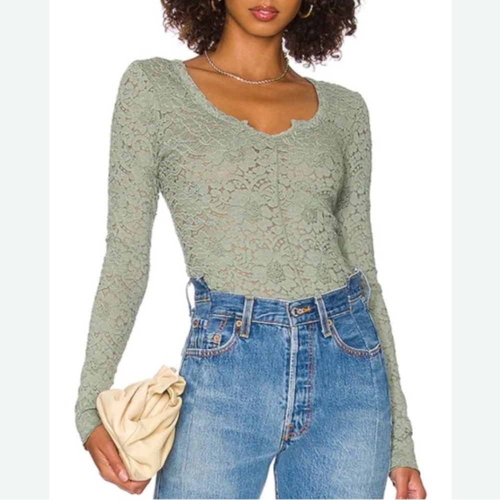 NWOT | Free People | Cloud Ride | Lace | Notch Neck | LS | Sage | XS
